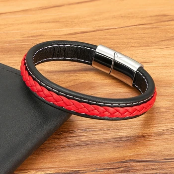 Black & Red Braided Rope Leather Bracelet 2