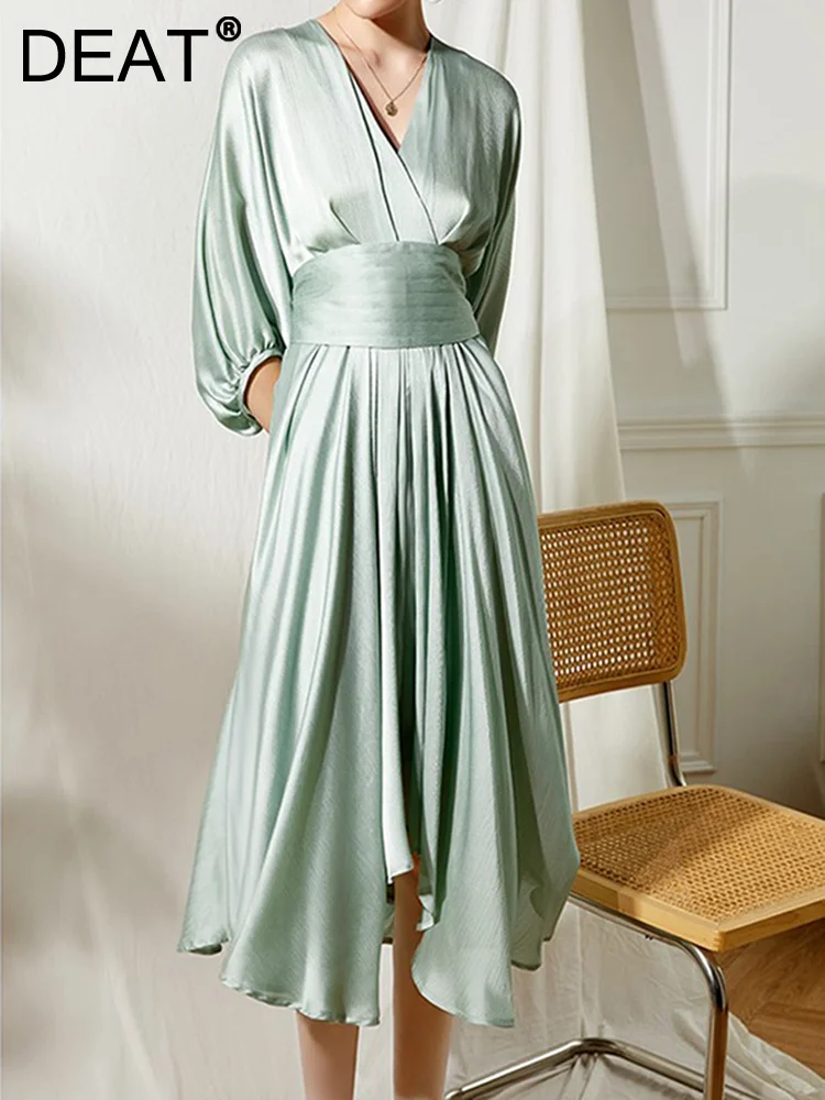 

Женское однотонное платье на завязках DEAT, платье до середины икры с V-образным вырезом и рукавами-фонариками, модель 17A890 на осень, 2022