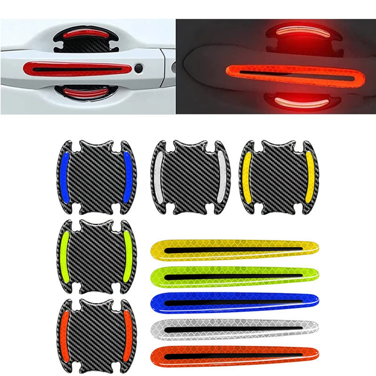 

8Pcs Car Door Handle Reflective Stickers Strips Universal Auto Safety Warning Scratch Guard Protective Film Pad Accessories