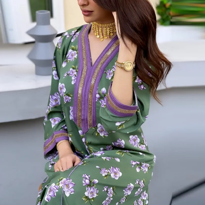 Elegant Ethnic Print Maxi Dress for Women Autumn 2022 New Muslim Jalabiya Dubai Moroccan Caftan Middle Eastern Clothes