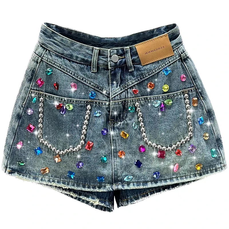 Fashion Denim Shorts Culotte 2023 Spring and Summer New High Waist Exquisite Rhinestone Wide Leg Hot Pants  Shorts for Women
