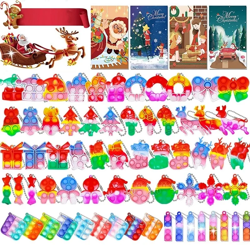 

92Pcs/lot Christmas Mini Keychain Bulk Fidget Toys Pack Party Favors for Kids Stress Bubbles Reliever Anti-Anxiety Xmas Gift