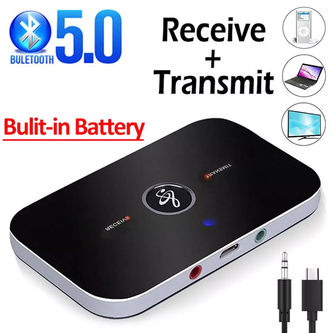 

Bluetooth 5.0 Audio Receiver Transmitter 300Mah Battery 3.5mm AUX Jack Stereo Music Wireless Adapters For TV Car PC Headphone