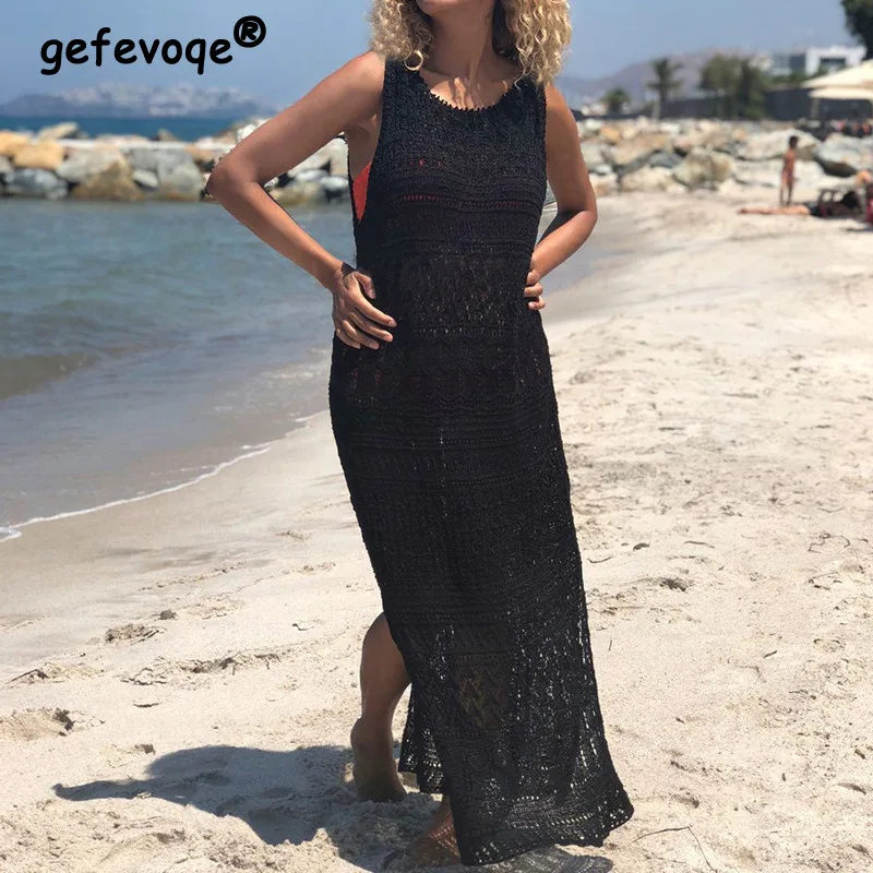 

Sexy Knitted Hollow Split Bikini Cover-up Beach Wear Holiday Summer Long Dresses Women Sleeveless White Black Casual Maxi Dress