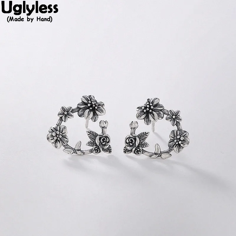 

Uglyless 100% Real Solid 925 Sterling Silver Fine Jewelry for Women Handmade Thai Silver Garland Studs Vintage Flowers Earrings
