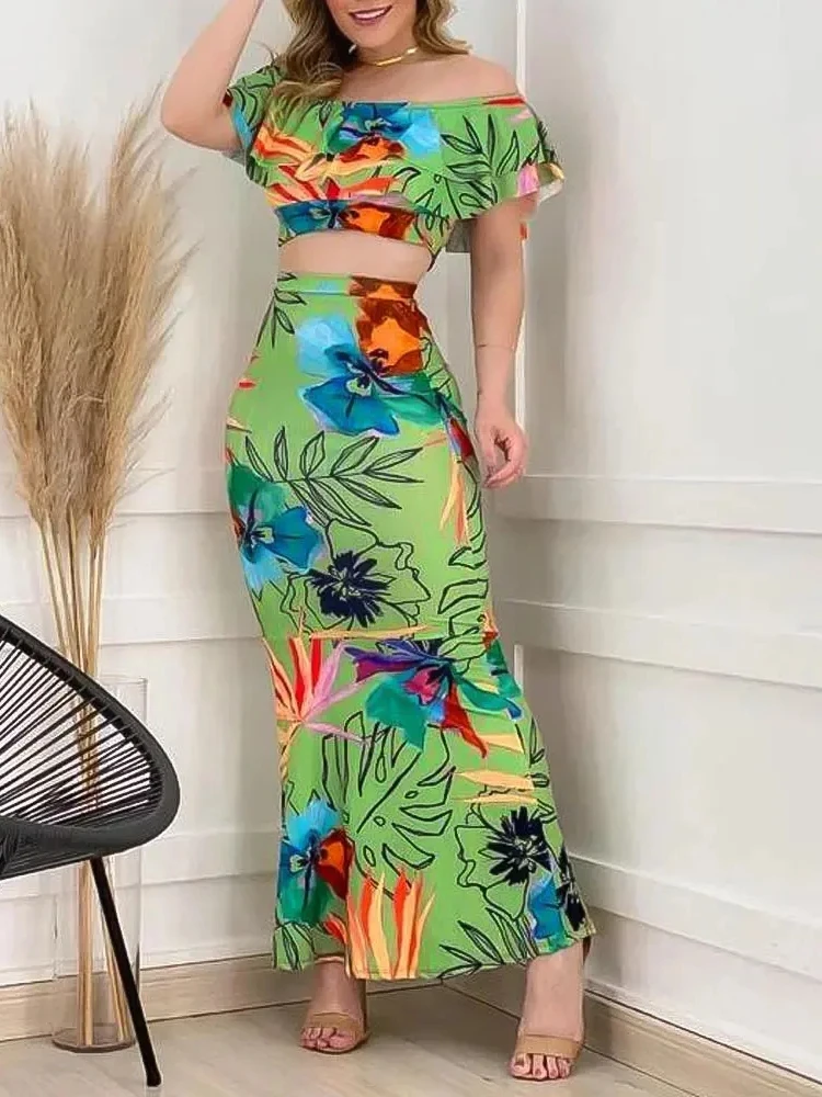 

Женский летний комплект Mandylandy с тропическим принтом, укороченный топ с открытыми плечами и юбка с оборками на подоле, новинка 2022, модная ули...