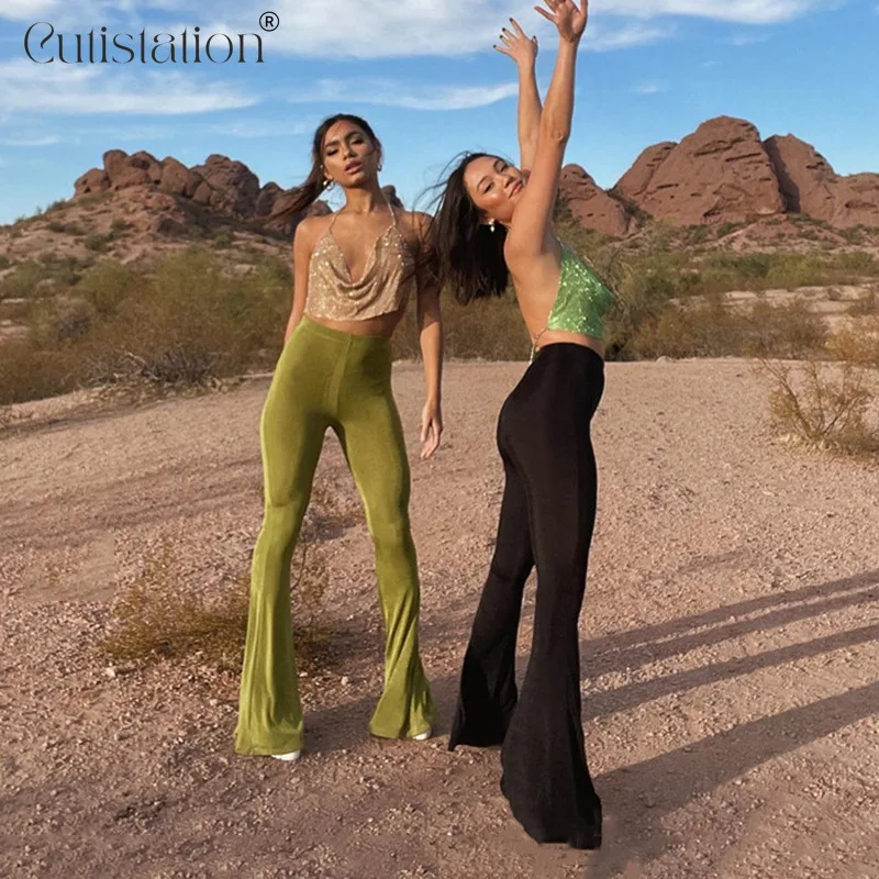 

Зеленые пикантные брюки-колокольчики для женщин, эластичные брюки-клеш с высокой талией Y2k, уличная одежда в стиле ретро, эстетический костю...