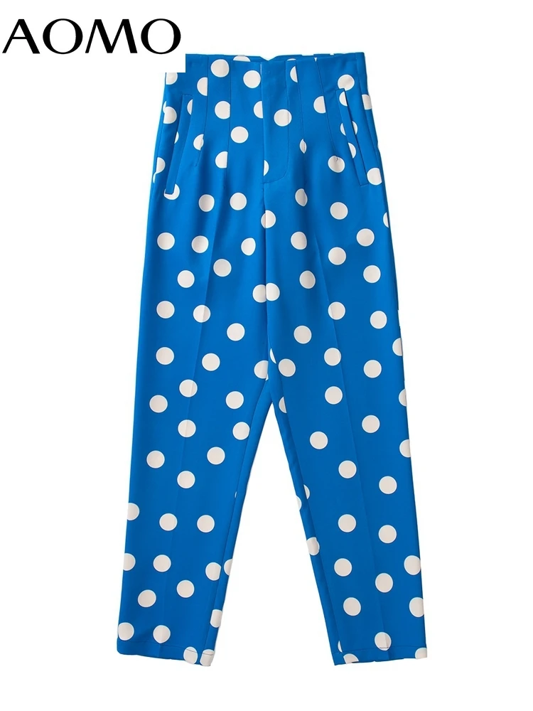 

AOMO 2022 New High Waist Dots Print Suit Pants Trousers for Women Pockets Office Lady Elegant Pants Pantalon JE129A