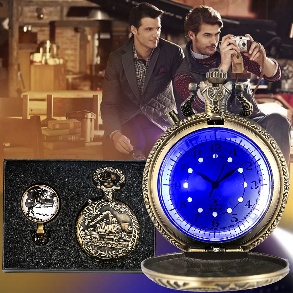 Retro Bronze Quartz Pocket Watch Necklace Gift Set Luxury Luminous LED Pocket Watch Steampunk Train Locomotive Engine Fob Watch