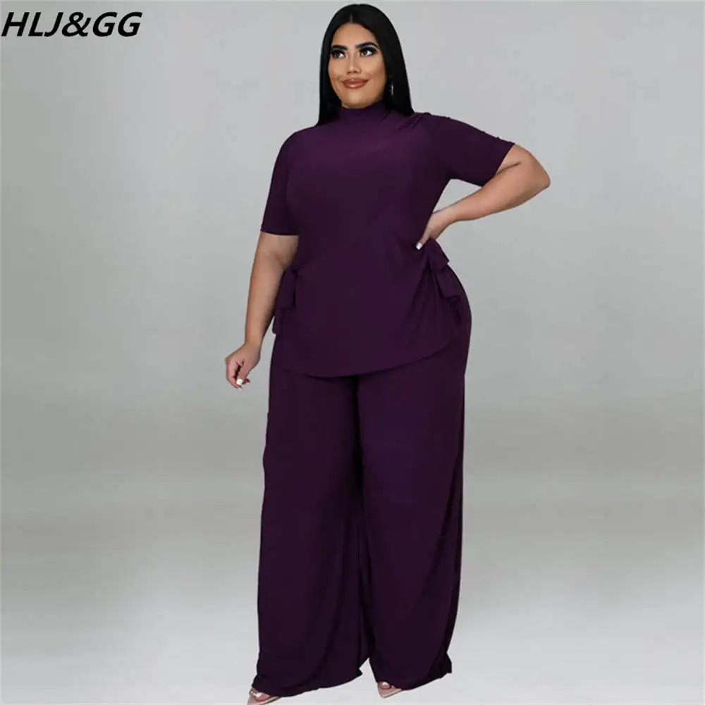 HLJ&GG Casual Plus Size Women Clothing XL-5XL Women Round Neck Short Sleeve Side Bandage Top And Wide Leg Pants Two Piece Sets