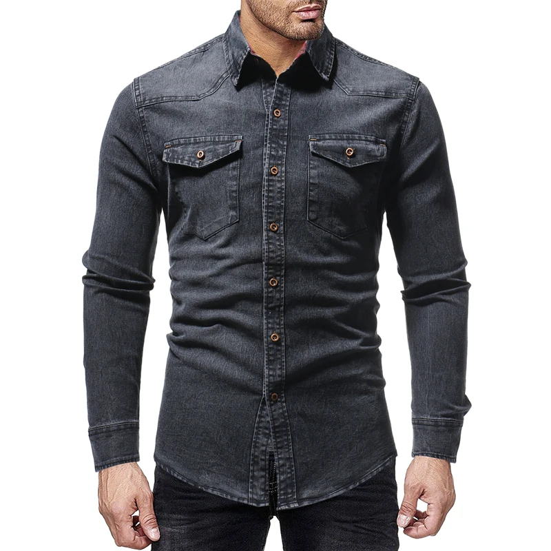 

Four-Season Models Of Men's Casual Slim Pointed Collar Denim Shirt Popular Plaid Lining Wear-Resistant Long-Sleeved Clothes
