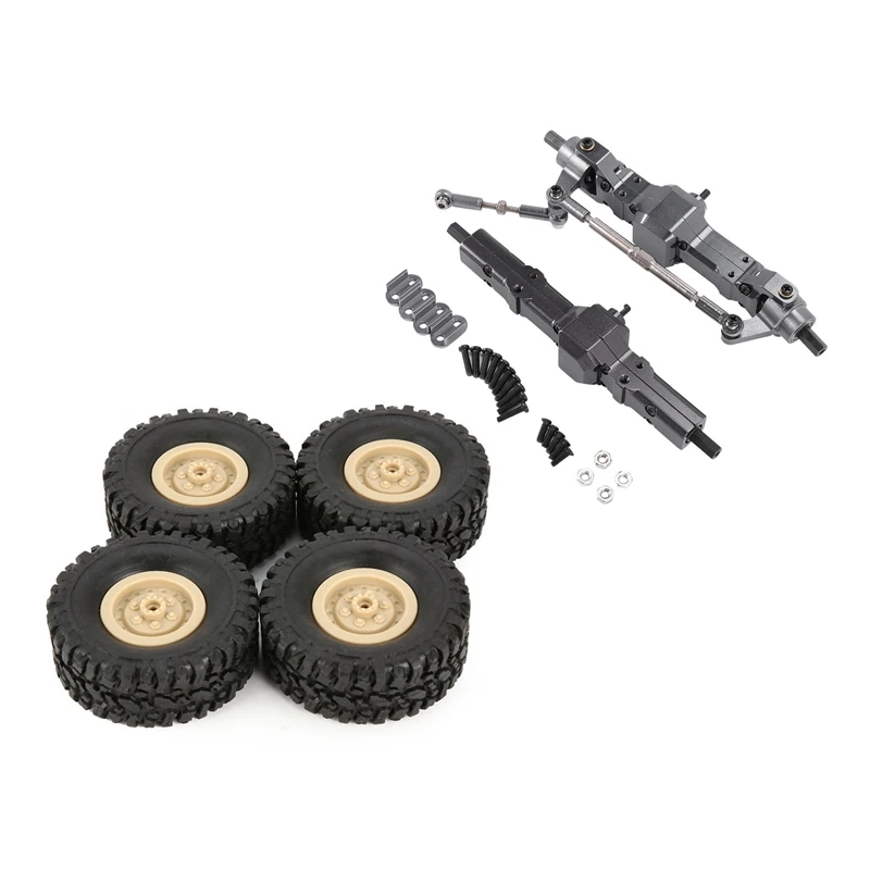4 Pcs Rubber Wheel Rim Tire Tyre & 1 Set Metal Front Rear Bridge Axle Gear Box