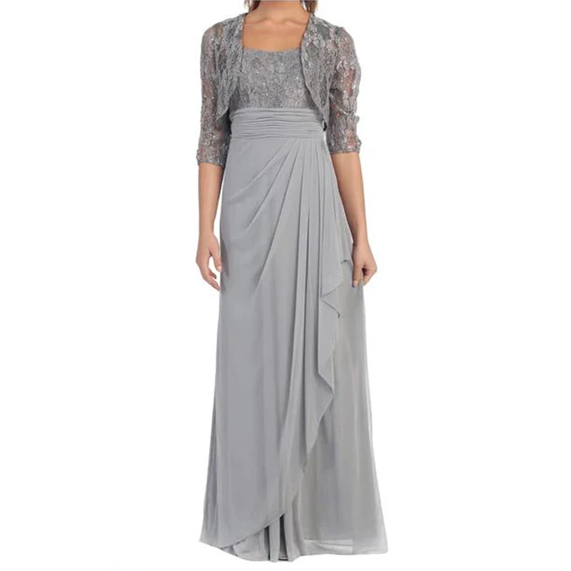 Шифоновое платье для матери невесты Grace серебристое с кружевной курткой и