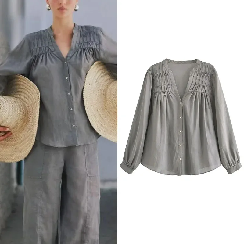 

TRAF Gray Pleated Shirt Women Clothes 2023 Commuter Round Collar V-Neck Long Sleeves Blouses Ruching Front Button Up Tops Female