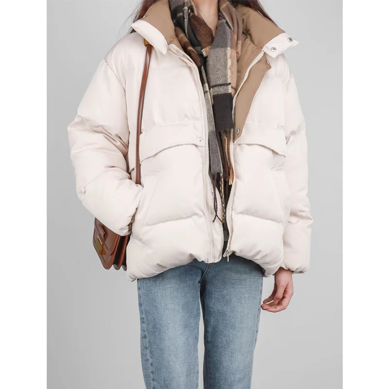 Winter Color Contrast Women Cotton Padded Jacket Stand Collar Thicken Zipper Loose Long Sleeve Beige Casual Coats Warm Tops 2022