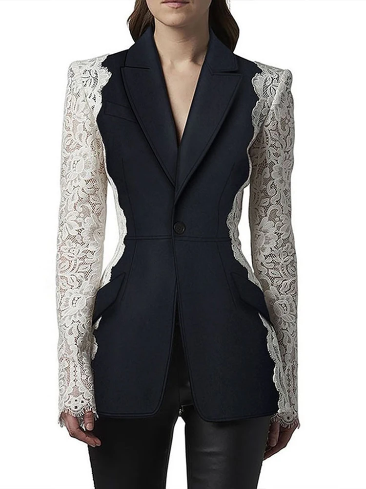 HIGH STREET 2022 Newest Fashion Designer Jacket Women's Stylish Color Block Lace Patchwork Blazer