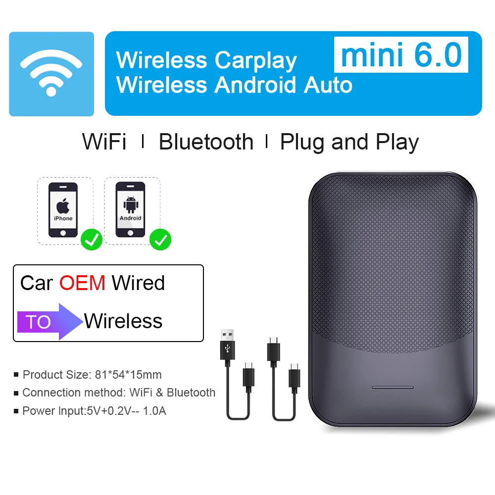 

Мини 6.0 беспроводной Автомобильный ключ-адаптер Android для проводных автомобилей CP AA Toyota Mazda Nissan Chevrolet Subaru Kia Hyundai