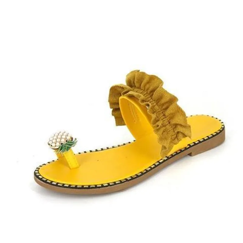 

2022 Women Slipper Pineapple Pearl Flat Toe Bohemian Flip Flops Summer Beach Sandals Ladies Shoes plus size Mujer Zapatos