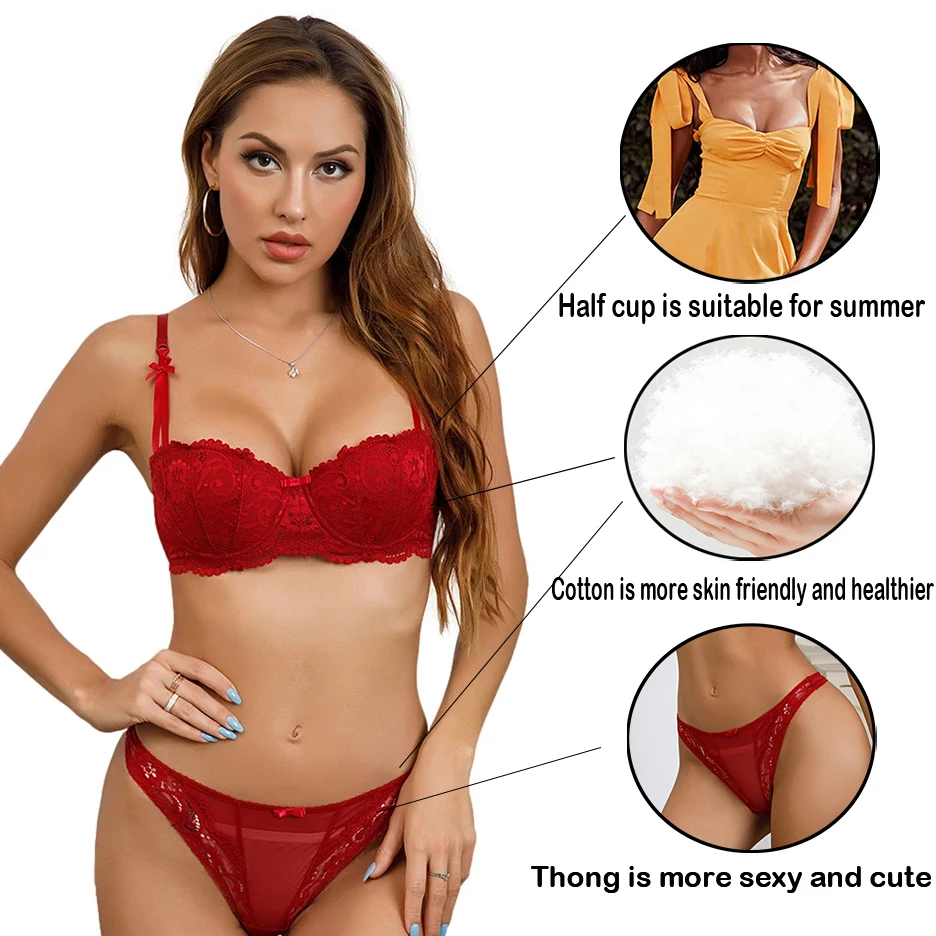 Sexy lingerie shell half cup underwire bra ladies embroidered lace underwear bra + thong panties 2 piece set
