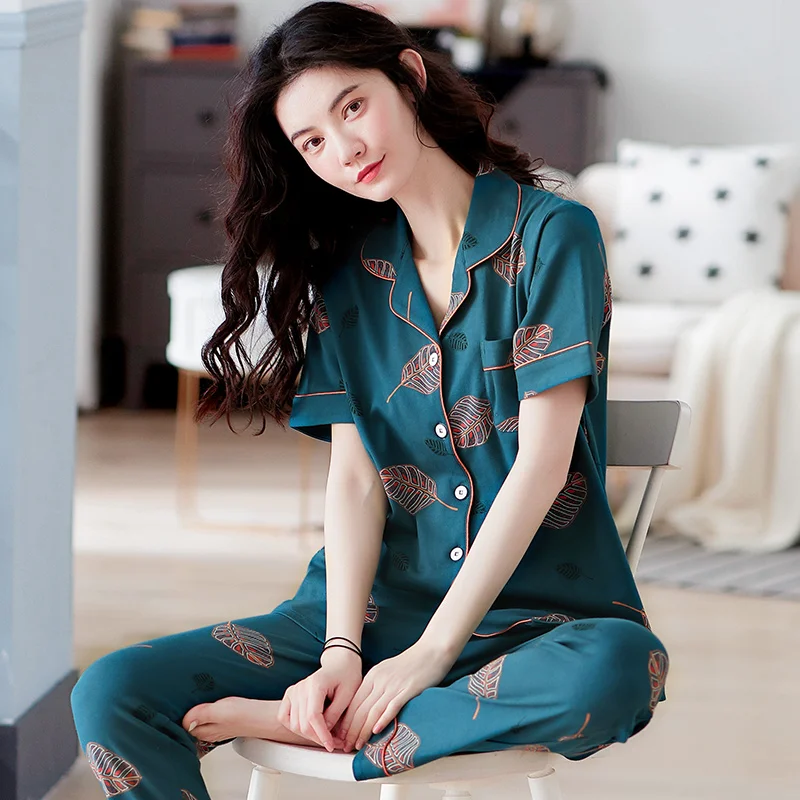 

Summer Maple Leaf Printd Sleepwear Women Pajamas Set Full Pure Cotton Cardigan Pyjamas Female Cozy Nightgown Home Clothes M-XXXL