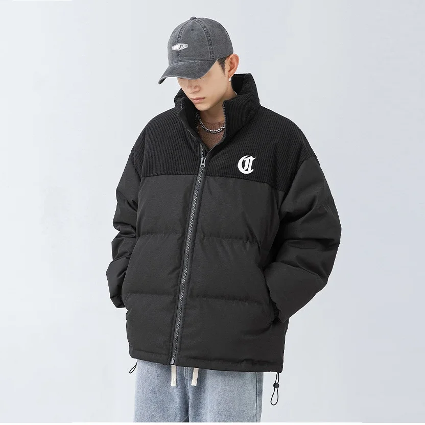 Japanese Fashion Corduroy Patchwork Warm Jacket Men Embroidery Thickened Bread Jacket Stand Collar Loose Sports Jackets Parkas