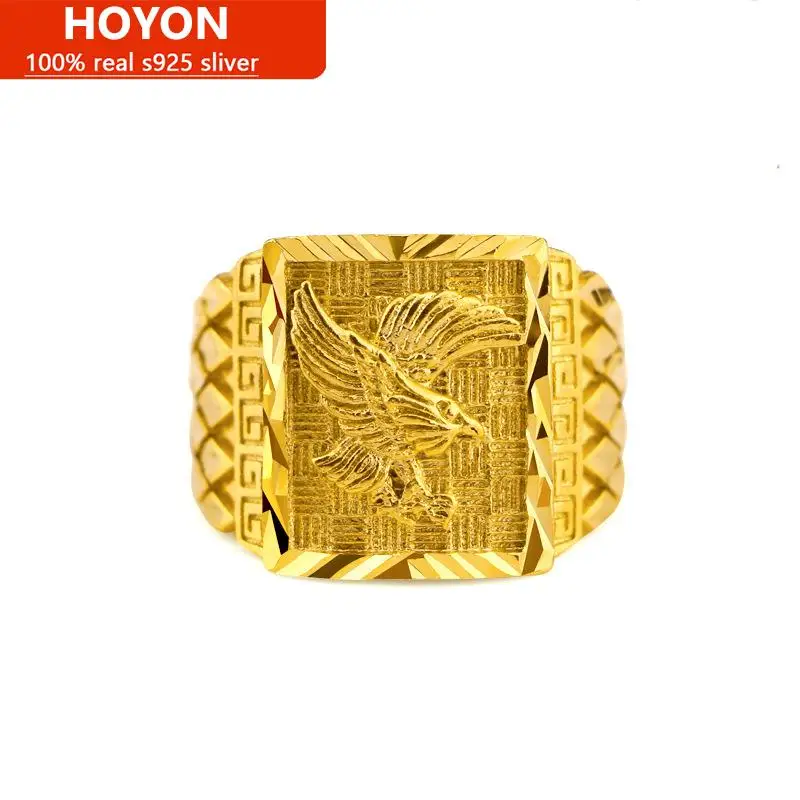 HOYON 24k true gold color rings Men's Solid Brass Gold Eagle Ring Open Toned Size Imitation Gold Jewelry for wedding gift box