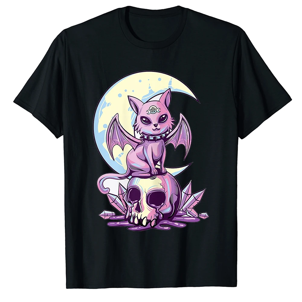 

Pastel Goth Wiccan Cat Cute жуткий Кот и череп, футболка, одежда для Хэллоуина, ужасы, мужские топы с коротким рукавом, женская одежда