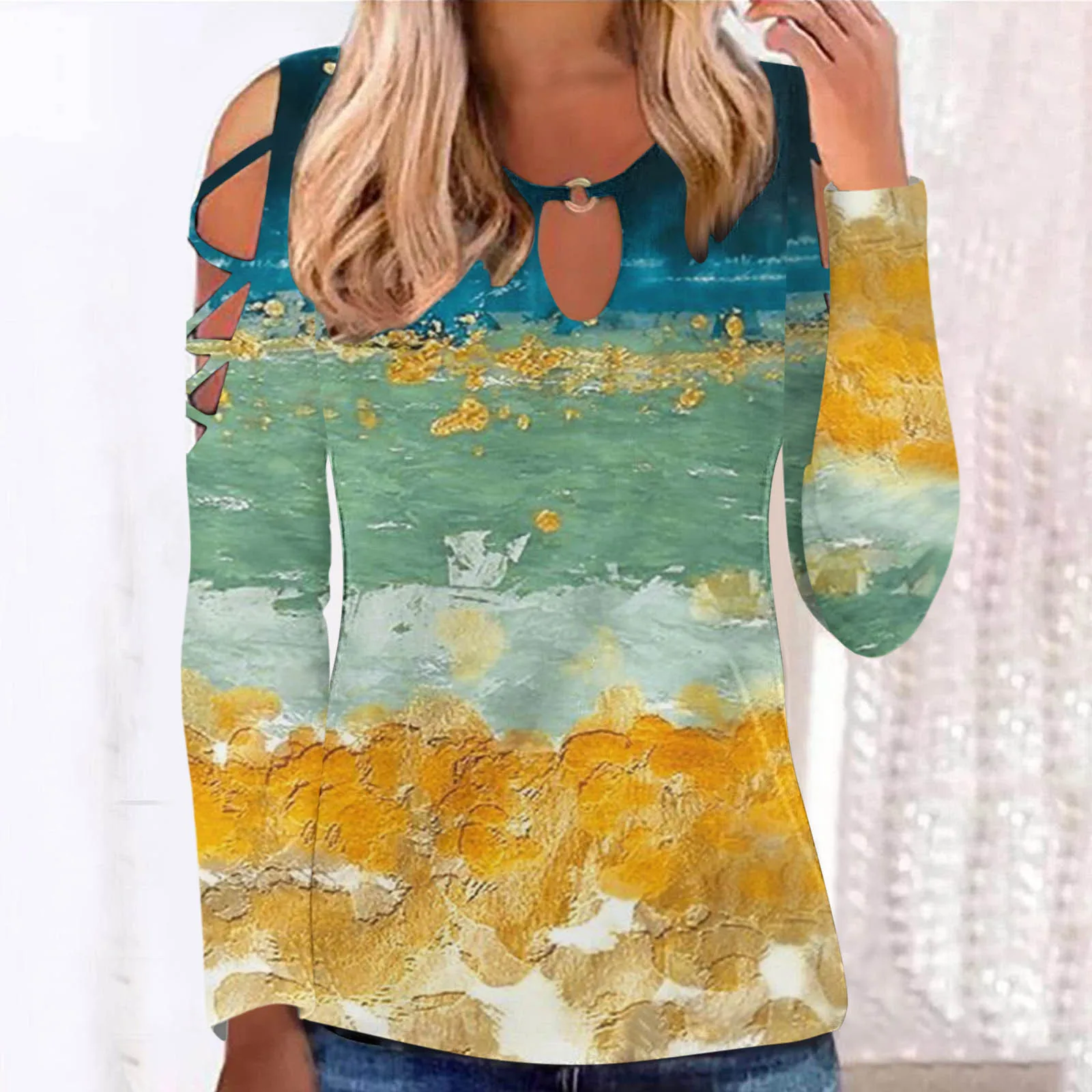 

Women Hollow Out Short Sleeve Tops Crewneck Cold Shoulder Tshirts Casual Sexy Summer Little House Silk Animal Print Blouse