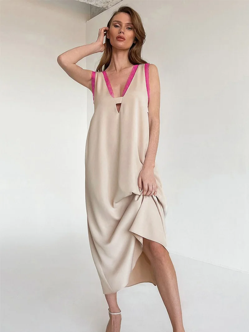 

2022 Summer Spring Women Solid V-neck Elegant Tank Dress Hollow Out Lace Up Midi Straight Dress For Women