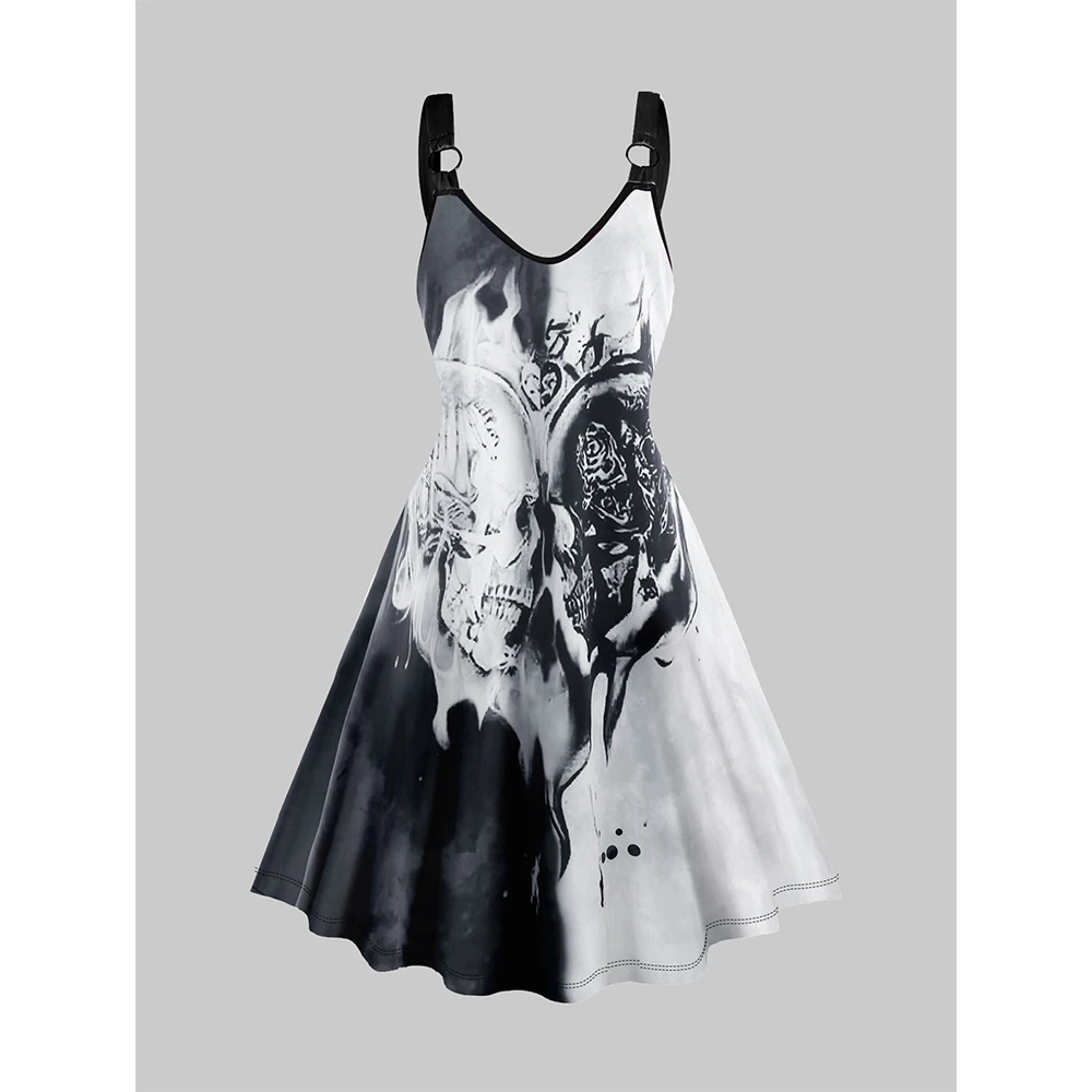 

Dressfo женское платье двухцветное платье с принтом черепа готическое платье с круглым вырезом Повседневное платье на бретелях летнее платье 2023