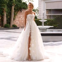 sumnus 3d flower wedding dress strapless lace appliques bride gowns high slit wedding gown tulle a line robe de mariee 2022