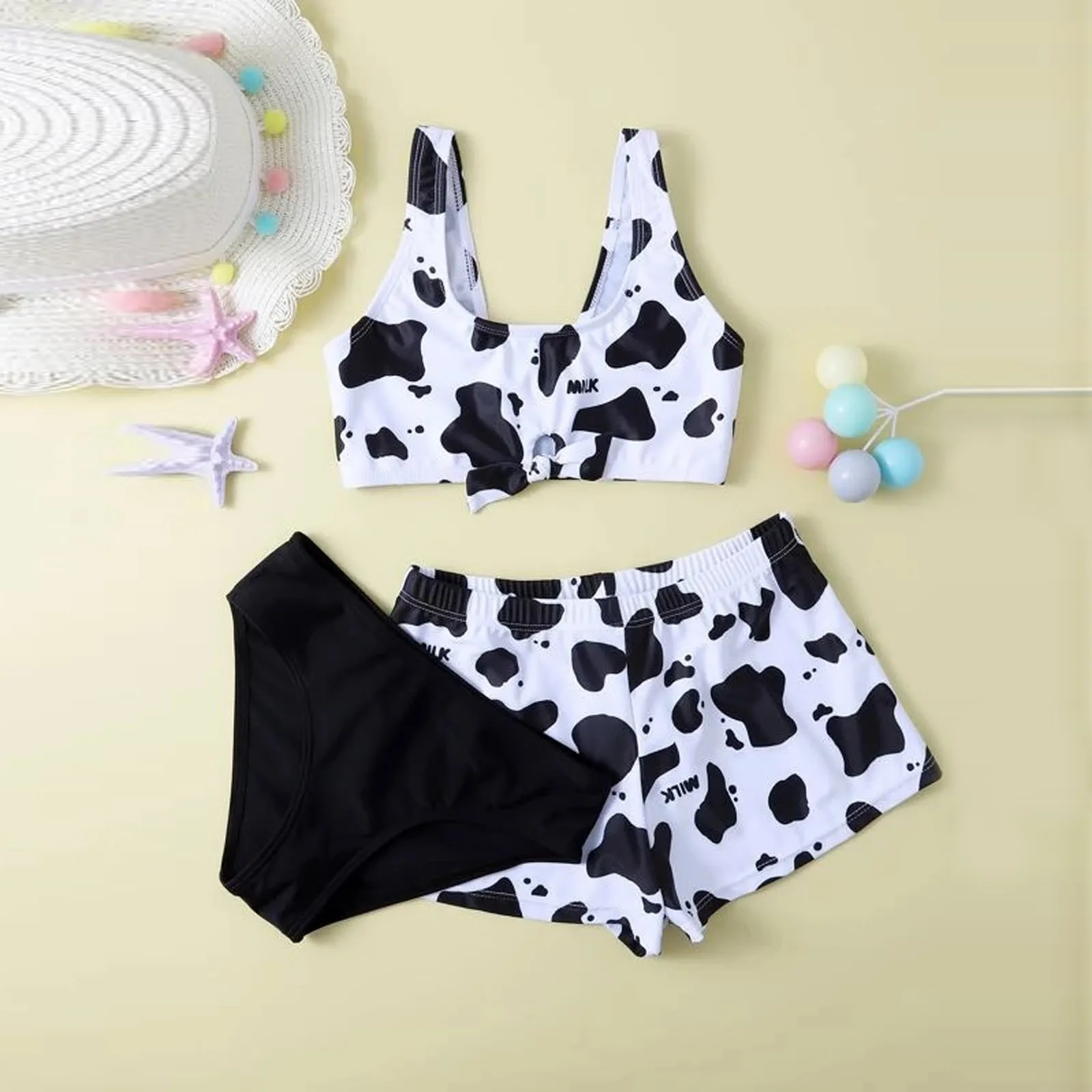 8~14Y Girls Swimsuit Kawaii Girl swimwear 3 pieces Kids Bikini set Biquini Infantil Swimming suit for children cow print 2022