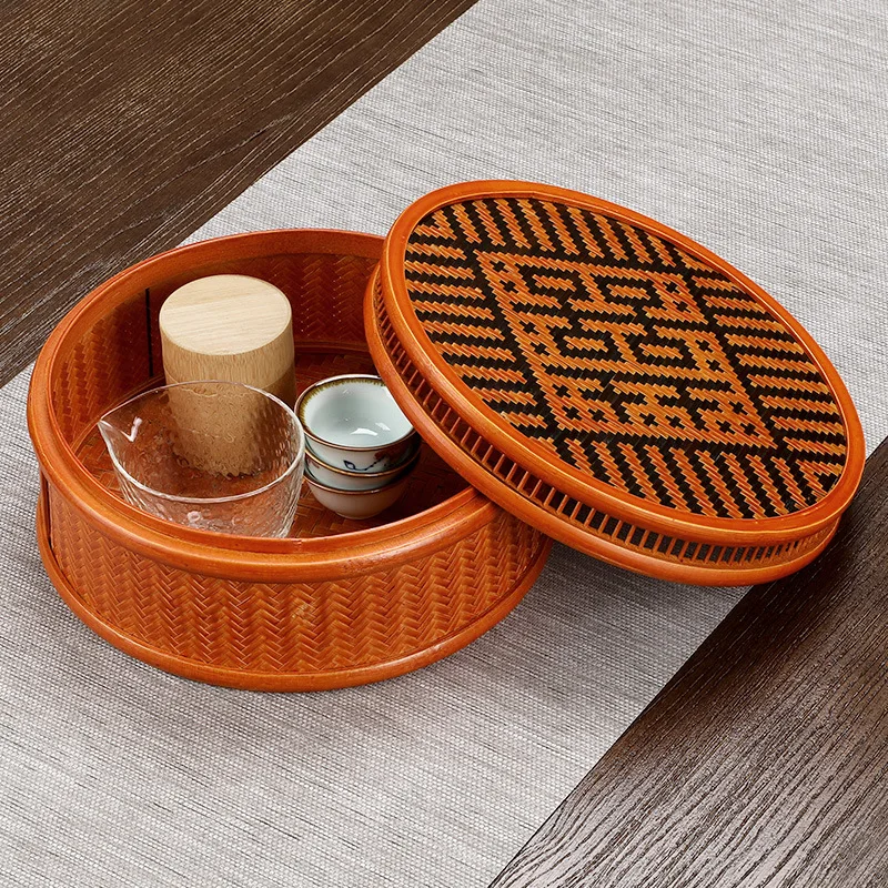 Handmade bamboo storage box vintage with lid tea set storage basket household finishing basket Japanese round fruit basket