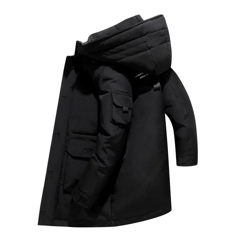 New autumn and winter men's casual youth coat, medium length down jacket, hooded fashion label, thickened for warmth