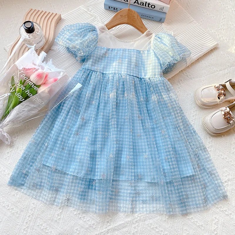 

Baby Girl Princess Dress Girls Summer Pearl Round Neck Bow Snowflake Plaid Puff Sleeve Mesh Dresses 3-8 Year Children's Clothing