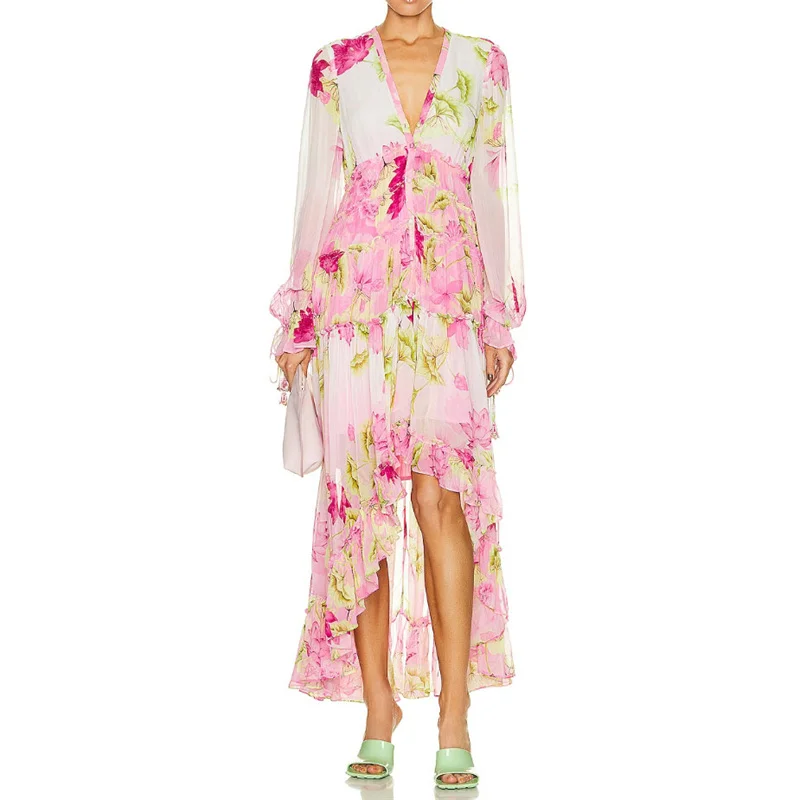 

Элегантные женские платья, Новинка лета 2023, женское Плиссированное Платье, корейские модные хлопковые длинные платья с принтом и V-образным вырезом, Traf