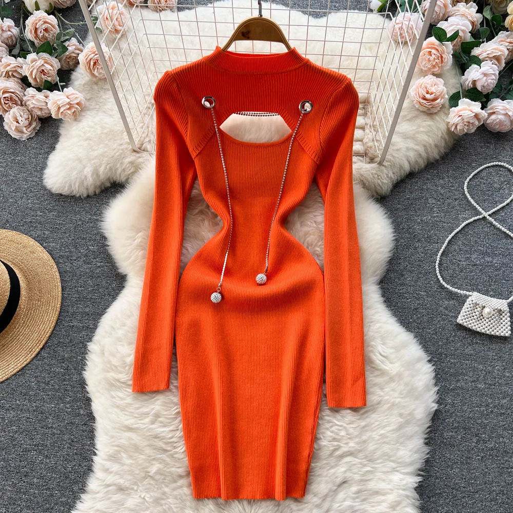 

Женское платье с длинным рукавом и цепочкой в нишевом стиле Pure Desire, осенняя трикотажная юбка в стиле хип-хоп