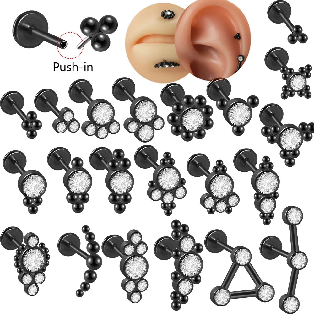 Кольцо для губ черное стальное с фианитом пуш-ап без резьбы Кристальный кластер
