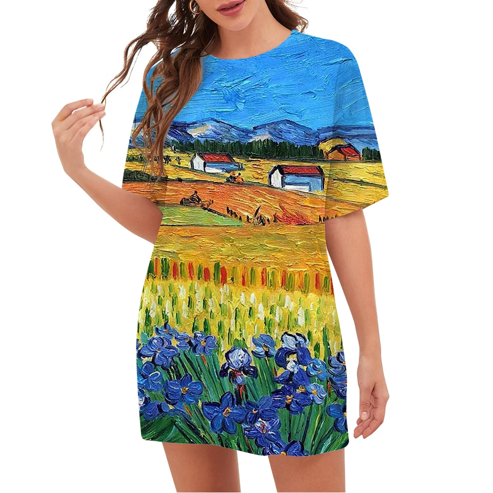 

CLOOCL Oversized T-shirts Van Gogh's Painting Rural Fields Pattern 3D Printed Shirt Short Sleeve Tee Shirt Women Clothing
