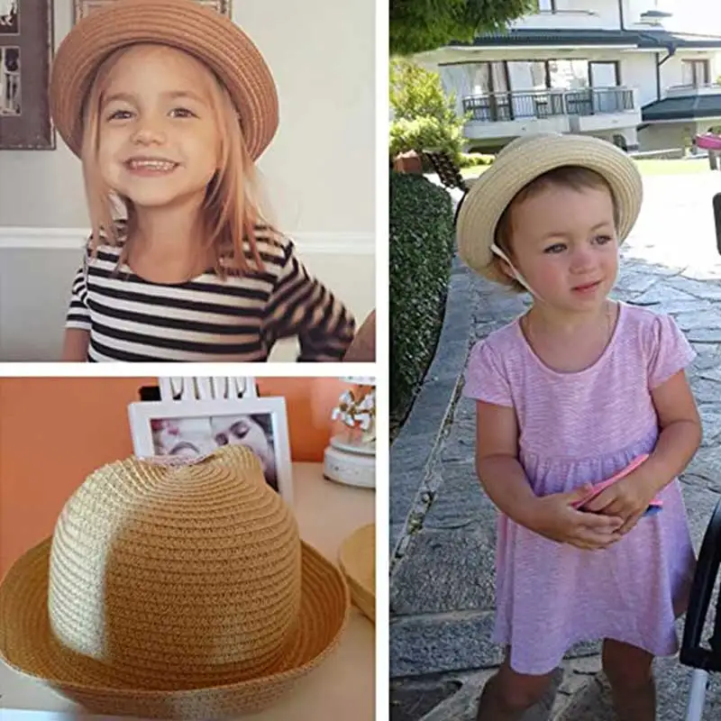 

Cute Baby Solid Color Hat with Ears Summer Straw Baby Girl Boy Hat Kids Cap Children Sun Protection SunbonnetBeach Sun Hat