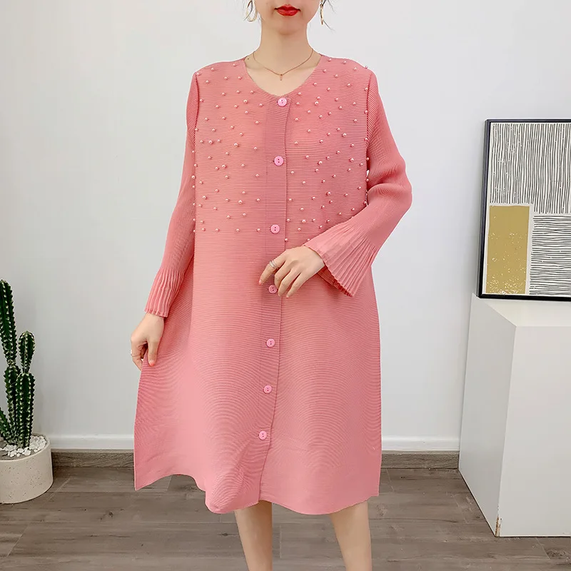 

Pleated solid color beaded dress summer new women's flare sleeve loose large skirt lining dress