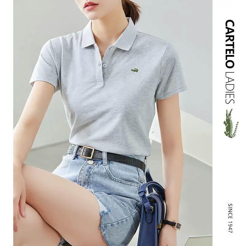 

Embroidery Croc-odile Women's Gray Polo Linge T -shirt Women's Short Sleeve T -Summer Simple Sports Short Leisure Polo Shirt