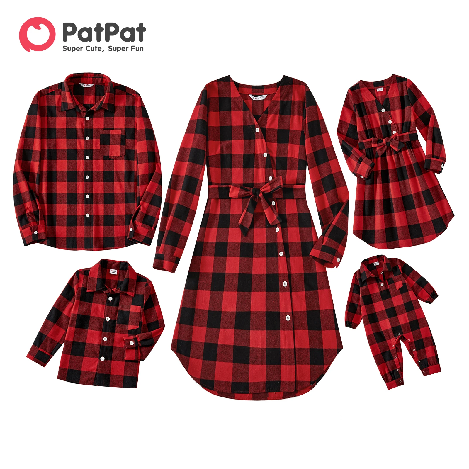 

PatPat Рождественская семейная одежда красно-черная клетчатая рубашка с длинным рукавом и платье с поясом сочетающиеся комплекты семейной одежды
