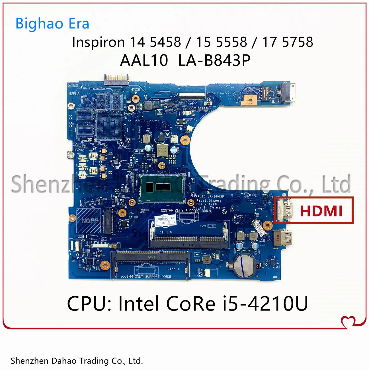 

CN-00HJC9 0HJC9 For Dell Inspiron 14-5458 15-5558 17-5758 Laptop Motherboard AAL10 LA-B843P With HDMI i5-4210U CPU