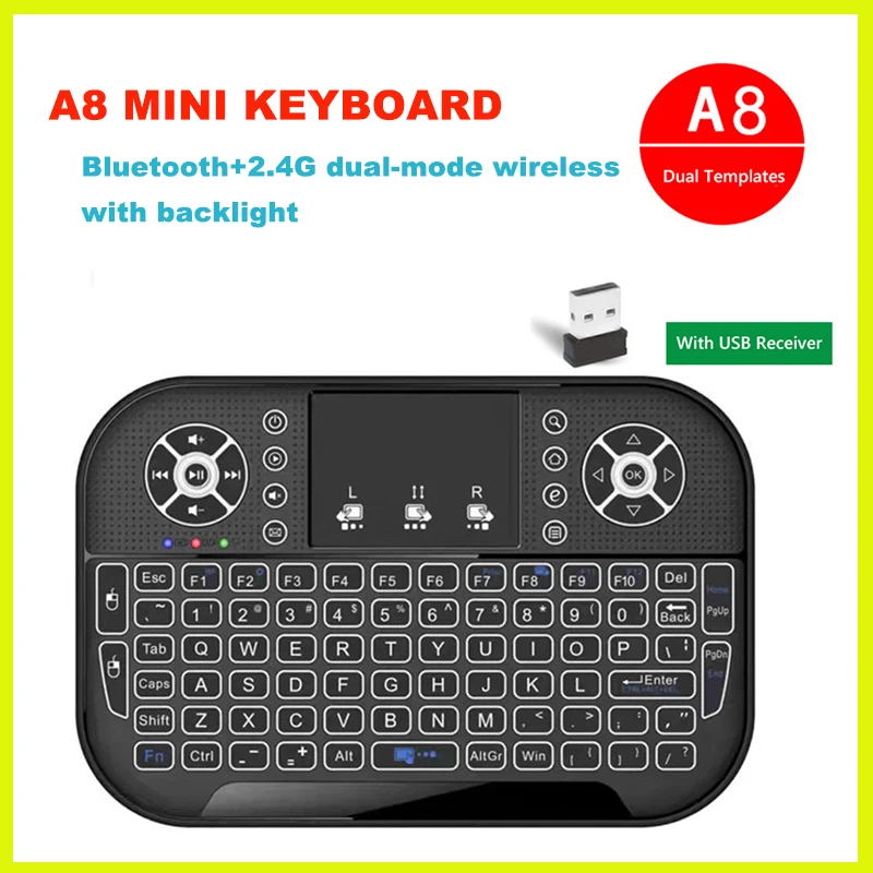 

A8 Mini Rechargeable Ergonomic 2.4G Air Mouse Touchpad Backlit Wireless Keyboard USB Receiver for Smart TV Box Desktop Touchpad