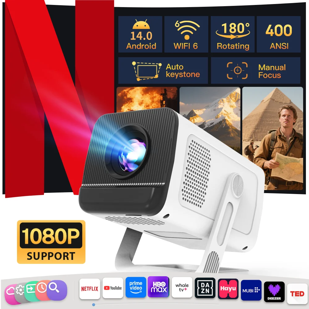Фото Портативный мини-проектор с Android TV и 4K, поддержка 1080P, WiFi 6 и Bluetooth 5.4, короткофокусный Beamer для домашнего кинотеатра и просмотра на улице №1