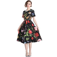 simgent vintage dress women 2022 short sleeve one neck a line elegant printing midi long dresses with belt femme robe sg2872