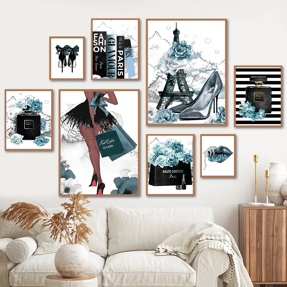 

Fashion Girl Flower Perfume Heels Bag Lips Nordic Poster And Prints Wall Art Canvas Painting Wall Pictures For Living Room Decor