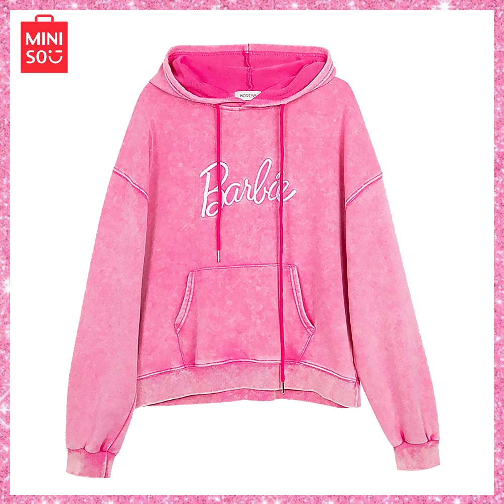 

2023Miniso Barbie Autumn/winter Fashion Sweater Women Trendy Loose Made Old Wash Letter Embroidered Hooded Coat Christmas Gift