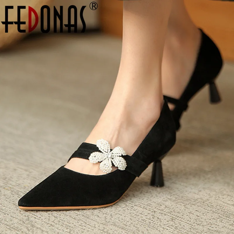 

FEDONAS Elegant Fashion Women Pumps Autumn Summer Genuine Leather Pointed Toe High Heels Flower Party Prom Office Shoes Woman